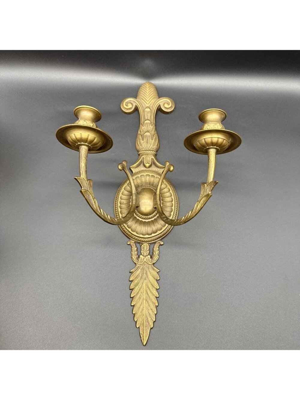 VTG Neoclassical Fleur De Lis Cast Brass Metal Large 20” Wall Candelabra Sconce
